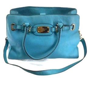 Michael Kors Handbag Purse Blue Leather Large Shoulder Bag Messenger Accordion